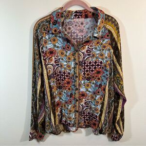 Ces Femme Women’s Multicolor Floral Boho Button Down Top Medium